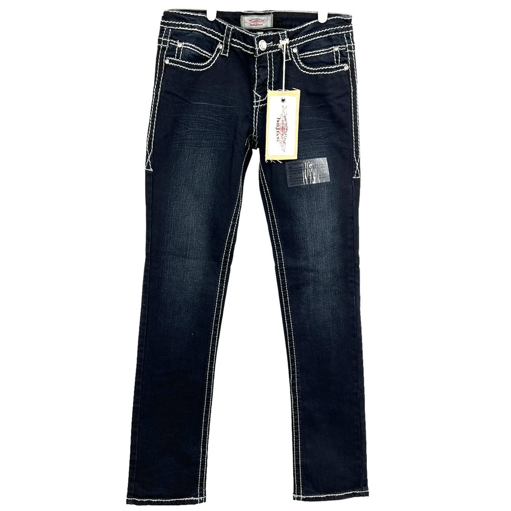 Iris Jeans Womens Embellished Flap Pockets Stretch Navy Jeans Sz 7 (31"x33") NWT